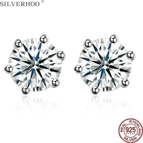 SILVERHOO Womens Earrings 925 Sterling Silver Shining Round 5A+ Cubic Zirconia Stud Earring Female Wedding Engagement Jewelry