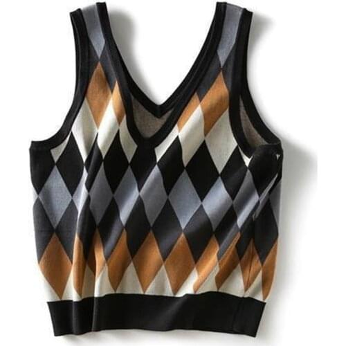 Womens 2021 new diamond lattice knit pullover vest sleeveless v-neck color matching spring and autumn leisure all-match top