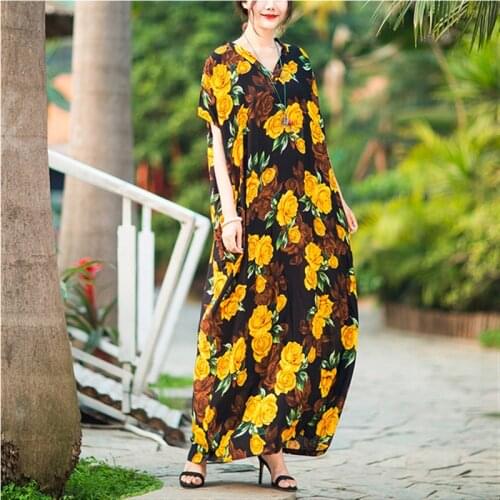 Short sleeve cotton satin vintage floral dresses for women casual loose maxi long summer beach dress elegant clothes 2021