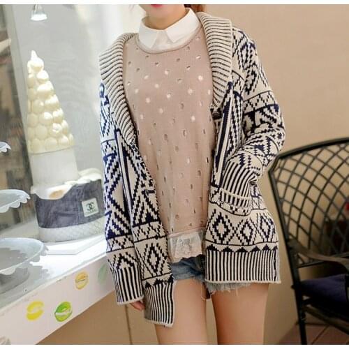 Women Single Breasted Long Sleeve Knitwear Coat Jacket Ladies Geometry Knitted jacquard Outwear Sweaters Overcoat Outwear
