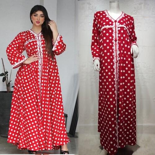Red Maxi Dress for Women 2021 Polka Dot Print Embroidery Loose Ethnic Muslim Robe Arabic Dubai Turkish Robe Islamic Clothing