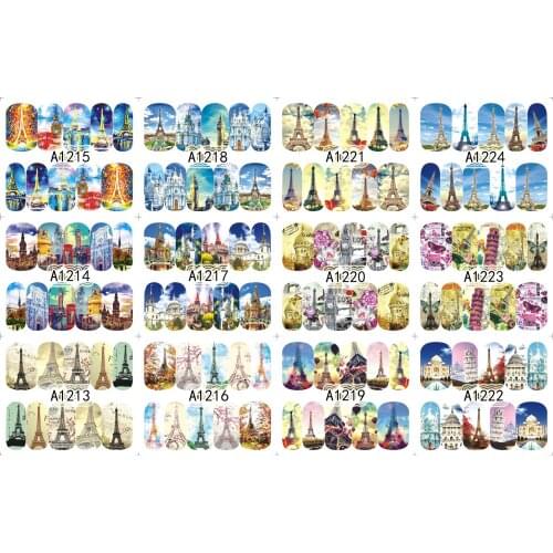 12 Sheets/Lot Nail A1213-1234 Sights Eiffel Tower Full Cover Nail Art Water Sticker Decal For Nail Water (12 DESIGNS IN 1)