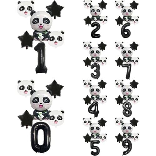 6pcs Cartoon Panda Balloon Black Star Number Foil Balloons kit Children Birthday Party Decoration 1-9 Years Anniversary Supplies
