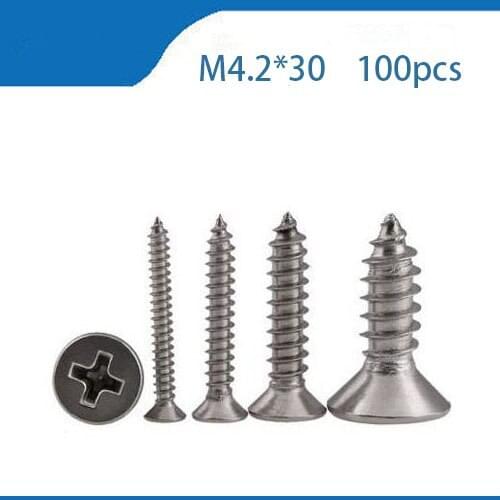 Free ship 100pcs M4.2x30 mm M4.2*30 mm 304 Stainless Steel flat head cross Countersunk head self tapping screw M4.2 bolts,nails