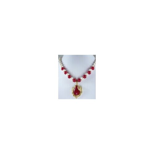 FREE SHIPPING>>>@@ > RHJ00142 The gift to mother! Elegant 7-8mm White Akoya Cultured Pearl red stone Necklace