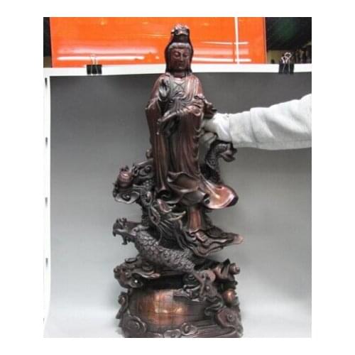Bi001672 Pure Red Copper Bronze Stand Dragon GuanYin Kwan-yin Boddhisattva Buddha Statue