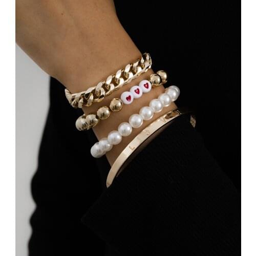 Hipster CCB Round Bead Chain Set Bracelet European and American Punk Aluminum Chain Metal Texture Love Imitation Pearl Bracelet