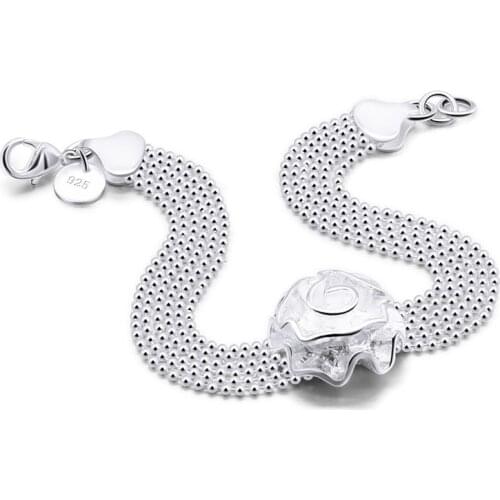 Pure Silver Charm Bracelets For Women Rose Flower Ball Chain Bangle & Bracelet Pulseira Femme New Brand Jewelry Accesories