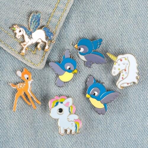 Animation Kingdom Unicorn Enamel Pin Fawn Horse Birds Elephant Custom Badge for Bag Lapel Brooch Clothes Animal Gift for Friend
