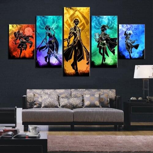 No Framed Canvas 5Pcs Anime Genshin Impact Game HD Wall Posters Pictures Paintings Home Decor Accessories Living Room Decoration