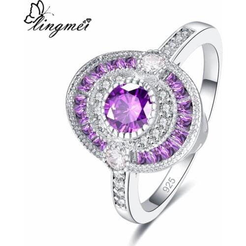 Lingmei New Wedding Engagement Pink & Purple & White Zircon Silver Color Ring Size 6-9 Cocktail Women Jewelry Anniversay