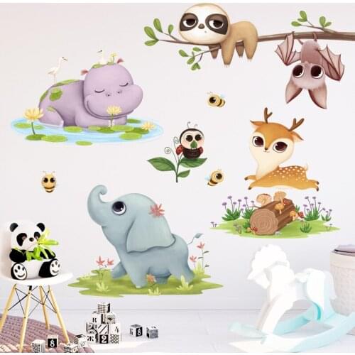 Cartoon Animals Wall Stickers Elephant Hippo Deer Bedroom Decor Kids Room Nursery Wall Decoration Aesthetics Nursery Decals