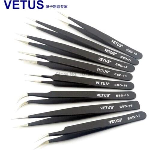 200pcs VETUS ESD 10 11 12 13 14 15 Anti-static Stainless Steel Tweezers Set Electronic Cell Phone Repair eyelash beauty