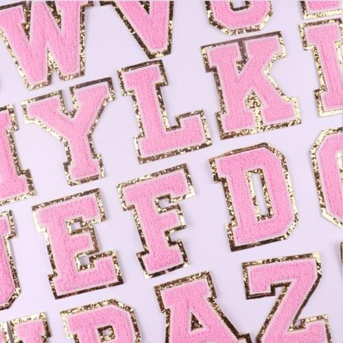 26 Pink English Letters Alphabet Towel Embroidered Chenille Patches Clothing T-shirt Jacket Sew On Accessory DIY Name Applique