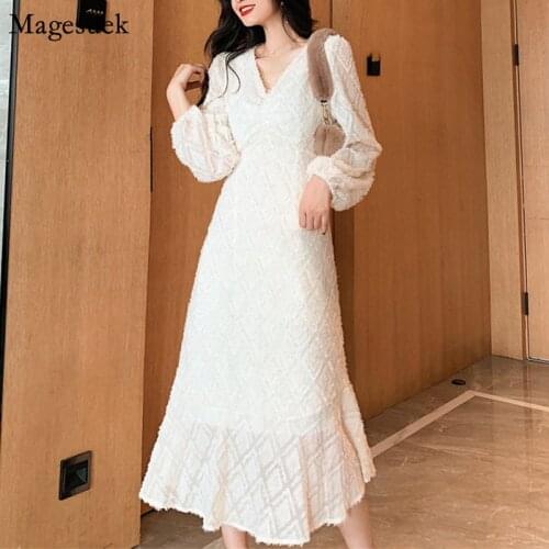 New Fashion White Women Dress Puff Sleeve Elegant Winter Dress Women Tassel V-neck Sexy Maxi Dresses For Women Vestidos 11901