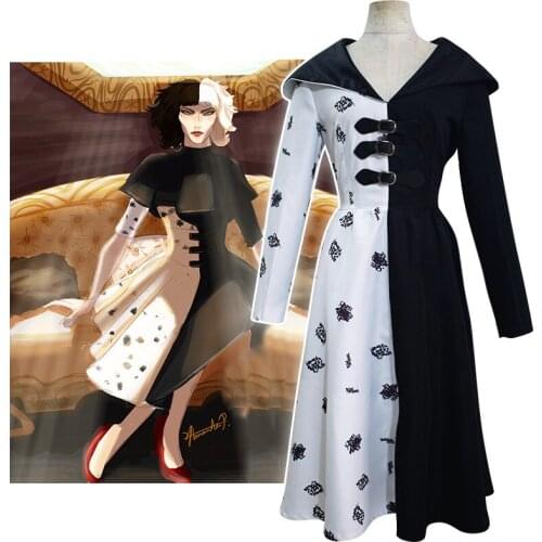 Anime Cruella De Vil Cosplay Costume Gown Black White Maid Dress Movie Adult Women Dresses with Gloves Hoodie Halloween Party
