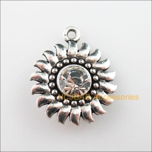 8Pcs Tibetan Silver Color Clear Crystal Sun Flower Charms Pendants 20x24mm