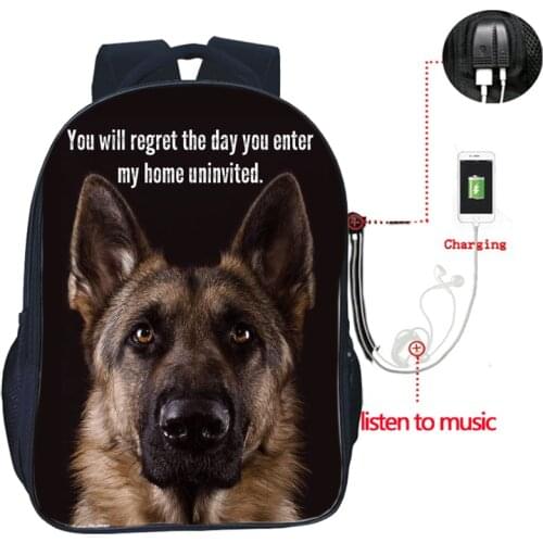 Animal Dog German Shepherd backpack USB Charge knapsack Fashion Beautiful Horse Bulldog Students Teens Schoolbags