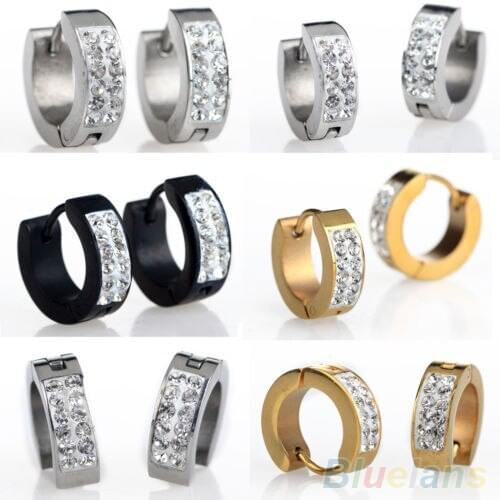 Unisex Punk Rhinestones Inlaid Titanium Steel Ear Studs Hoop Huggie Earrings 4XJ1