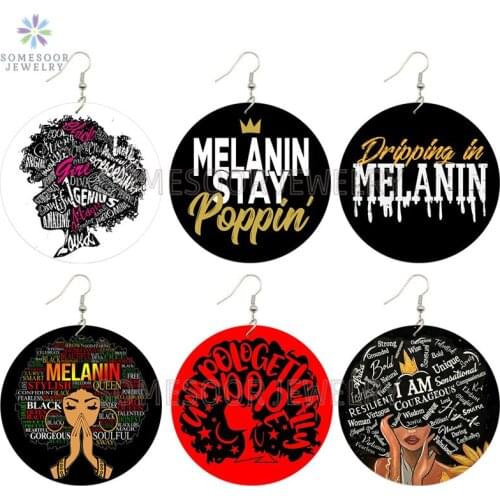SOMESOOR Melanin Stay Poppin Afro Curly Wooden Drop Earrings Soulful Sayings Unapologetically Dope Loops Jewelry For Women Gifts