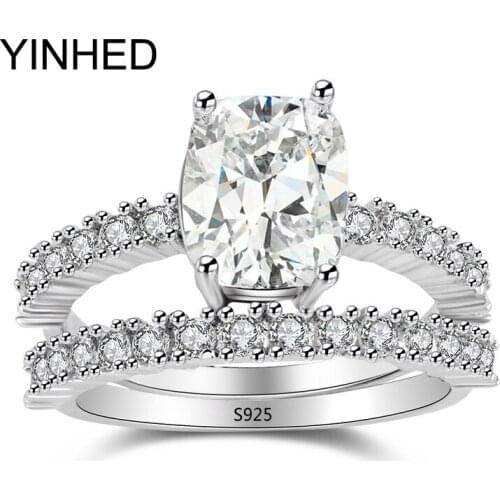 YINHED Lovers Ring Set Cushion Cut 2ct Clear 3A Zircon CZ 925 Sterling Silver Engagement Wedding Band Rings For Women ZR456