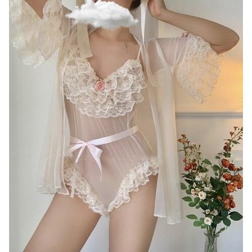 Women Sleepwear Mesh Transparent Bow Pajama Set Princess Beautiful Bathrobe Sleeping Dress Sexy Lingerie Nightwear Pajamas