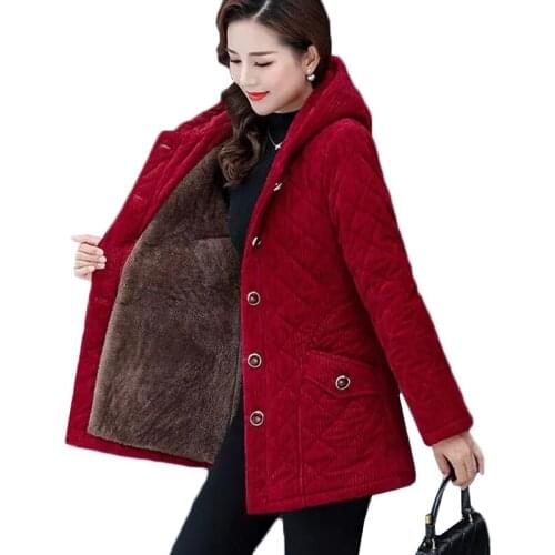 New Women Jacket Winter Plus Fleece Thicke Corduroy Outerwear Parker Female Hooded Cotton Padded Coat Plus Size 5XL Basic Coats