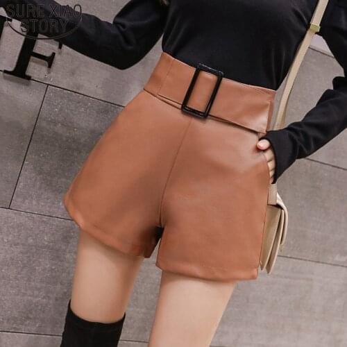 Autumn High Waist Wide Leg Short Ladies 2021 Korean PU Faux Leather Shorts Women Plus Size Sexy Black Belted Short Femme 7774 50
