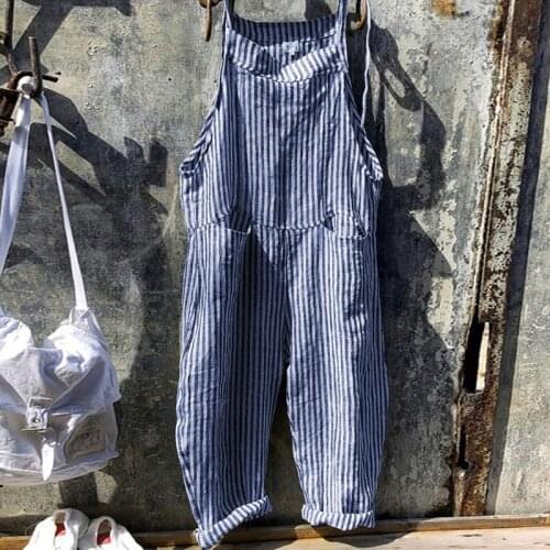 Vintage Rompers Womens Jumpsuits 2021 Casual Sleeveless Striped Print Playsuits Ladies Office Overalls Plus Size Loose Pants