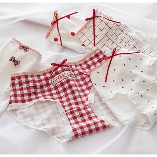 Womens Cotton Underwear Sexy Plaid Panties Japanese Girl Bow Cute Underpants Mid Waist Seamless Comfort Briefs Female Lingerie