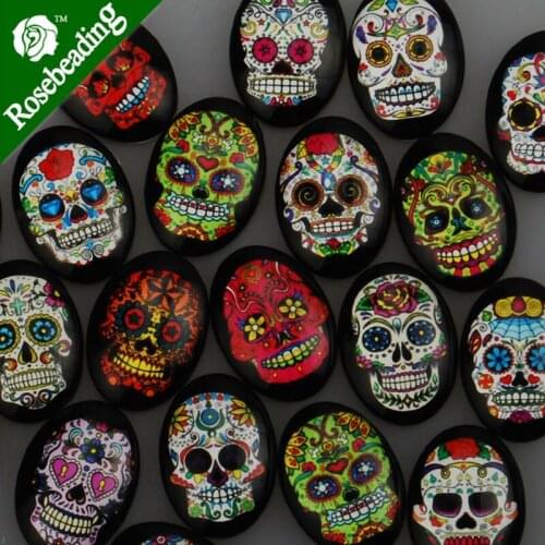 18x25MM oval pattern glass cabochons with mixed skull,flat back,thickness 5mm,20pcs/lot-C4755