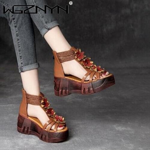 2021 Retro Summer Women Flowers Sandals 100% Genuine PU Leather Open Toe Shoes Casual High Heel Wedges Platform Sandals Woman