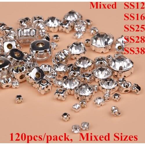 3mm 4mm 5mm 6mm 8mm Mixed 120pcs Glass Stones Silver Flatback Claw Rhinestones Clear Crystal Sew On Rhinestones DIY Garment T06