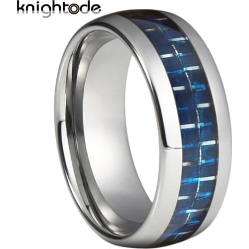 8mm Tungsten Carbide Wedding Band Engagement Ring Blue Carbon Fiber Inlay Dome Polished Comfort Fit
