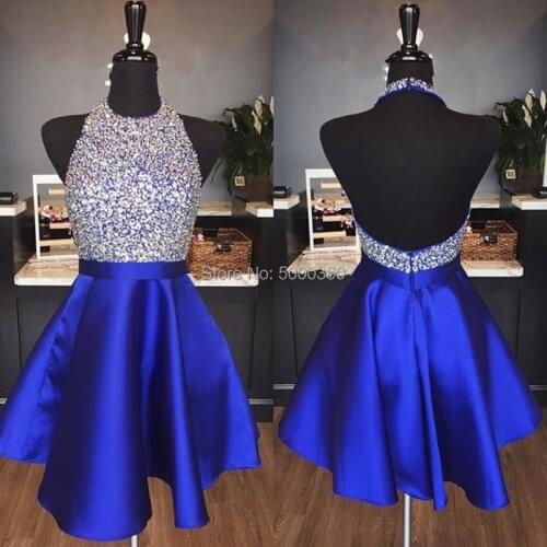 Royal Blue Satin Backless Homecoming Dresses Jewel Halter Sequins Crystal Backless Short Prom Dresses Sparkly Red Party Dresses