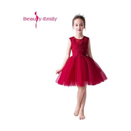 Beauty Emily Princess Ball Gown Red Flower Dress 2019 Knee Length First Communion Dresses Girls Pageant Dress Kids Prom Dress