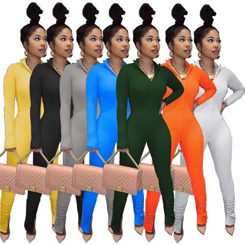 BN7146 Wholesale Items Womens Skinny Knitted Long Sleeve Bodycon Jumpsuits Ribbed Loungewear Split Hem Stacked Jumpsuit Women