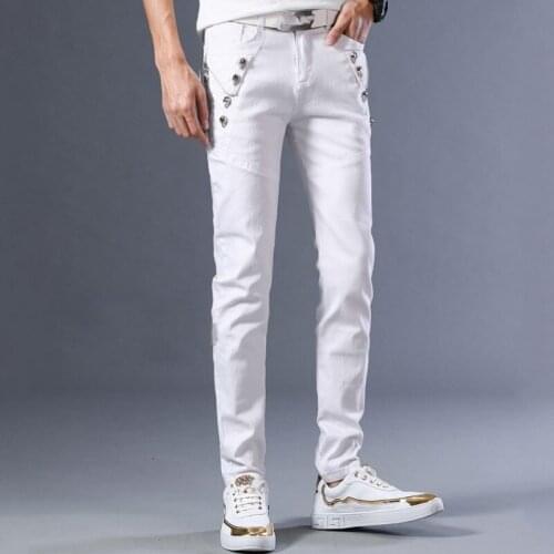 Streetwear Mens Sweatpants Summer Lightweight Casual Pants Fashion Zipper White Jeans Male Elastic Slim Fit Denim Pencil Pants