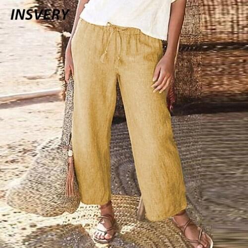 Autumn Oversized Wide Leg Pants Women Vintage Linen Fashion Long Trousers Casual Elastic Waist Solid High Pants For Women