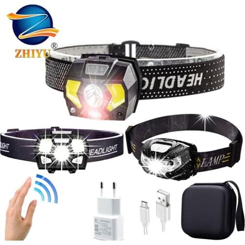 Mini USB Rechargeable Ultra Bright LED Headlamp Waterproof Head Torch with 5 Lighting Modes Finger Induction Switch for Running