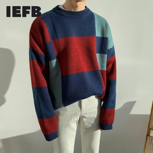 IEFB /mens wear Plaid couple sweater autumn winter Korean fashion personalized thickened loose kintted tops 2020 new 9Y3243