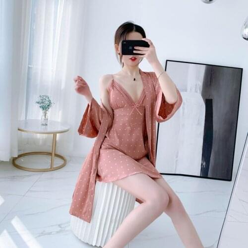 Pink Print Dot Wedding Robe Set Sleepwear Casual Intimate Lingerie Nightgown Nightdress Soft Homewear Home Clothing Kimono Gown