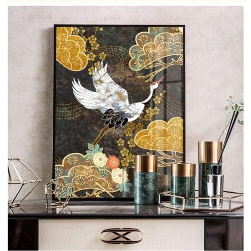 Chinese Style Red Crowned Crane Flowers Modern Canvas Decorative Picture Wall Art Gold Poster Painting for Room Home Decor