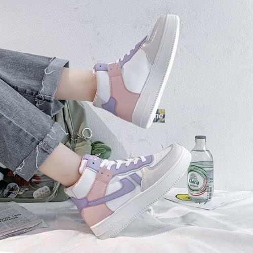 Platform Sneakers Women Casual Vulcanized Shoes Fashion PU Leather Trainers High-top Chunky Sneakers White Tenis Female Lace-Up