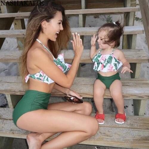 Swimsuit Mom and Daughter Summer Ruffled Leaf Print Bikini Set Family Matching Swimwear Mommy and me Family Look