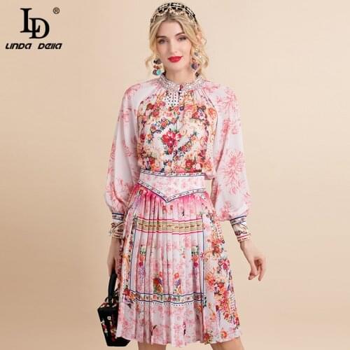 LD LINDA DELLA New 2021 Fashion Runway Autumn Skirt Suit Womens Loose Flower print Blouse and Pleated Skirt 2 Two Piece Set