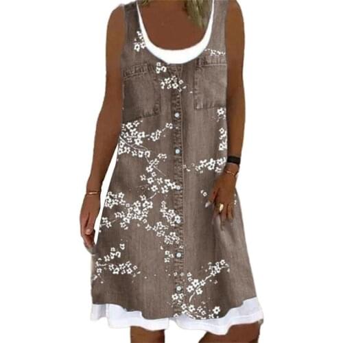 Women Dress Digital Printing Sleeveless Two-piece O Neck Fake Pockets Buttons Sundress vetments femme платье летнее женское2021