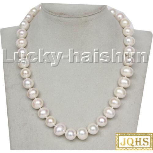 Selectable luster natural 18" 19" 20" 21" 14mm near round white FW pearls necklace 14KT clasp c325