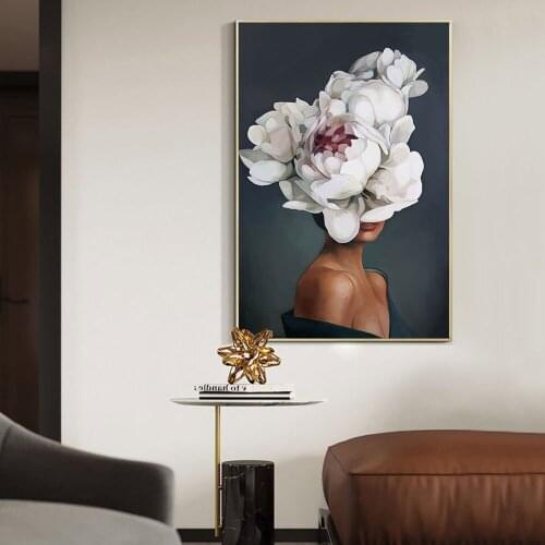 Black Woman Headband With White flowers Canvas Painting Poster Print Wall Art Picture For Living Room Home Decor Frameless