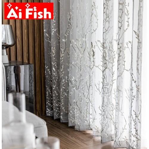 Gray Exquisite towel embroidered with leaves Sheer Voile Panel Chinese screen window tulle for living room zh207&30